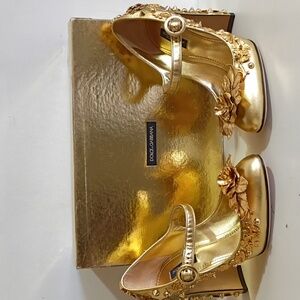 Dolce&Gabban Women Gold Pumps Leather Block High Heel Mary Jane Shoes Size 37.5